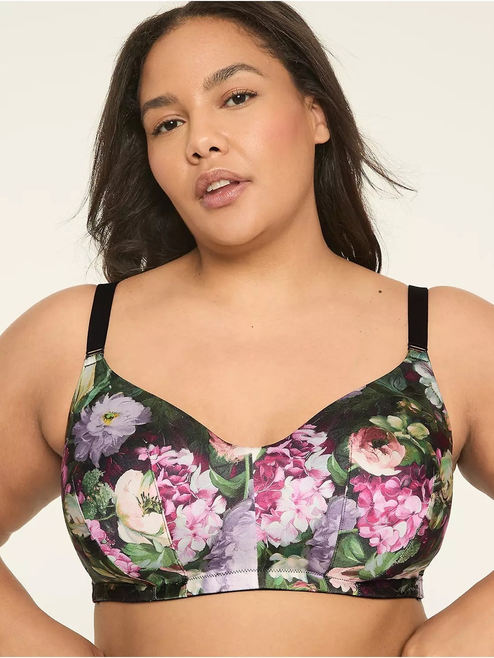 Cacique Floral Wireless Bra - Black, Pink & Green Size 46DDD